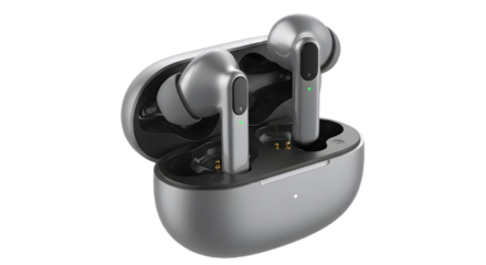 Wireless gray earphones in charging case isolated PNG with Transparent Background