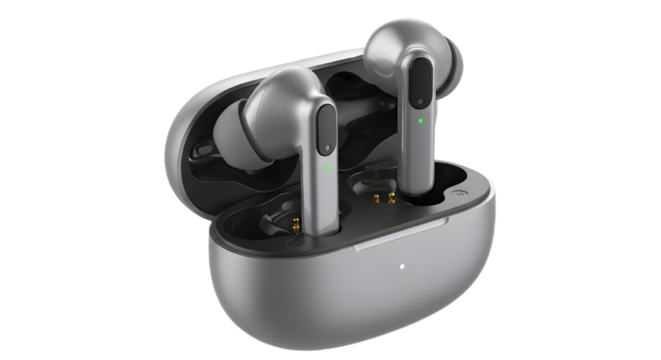 Wireless gray earphones in charging case isolated PNG with Transparent Background