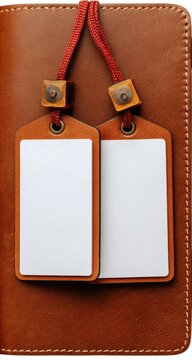 Tan leather wallet or journal with two blank leather tags