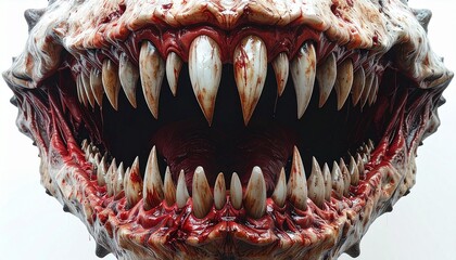 Close-up of a creature's open mouth, revealing sharp teeth and a textured, scaly exterior.
