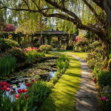 Sun-drenched garden path, water feature, and lush flowers