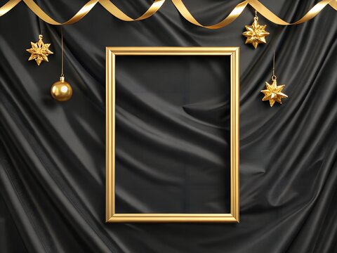 happy new year cards. Empty gold picture frame with gold ribbon and Christmas ornaments against black draped fabric golden