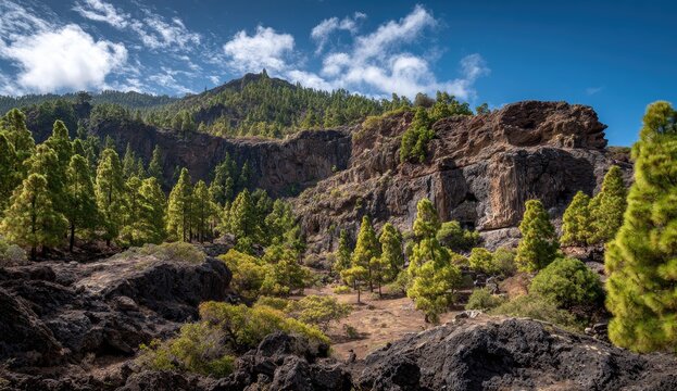 Lush volcanic landscape with pine trees and dramatic cliffs under a partly cloudy sky