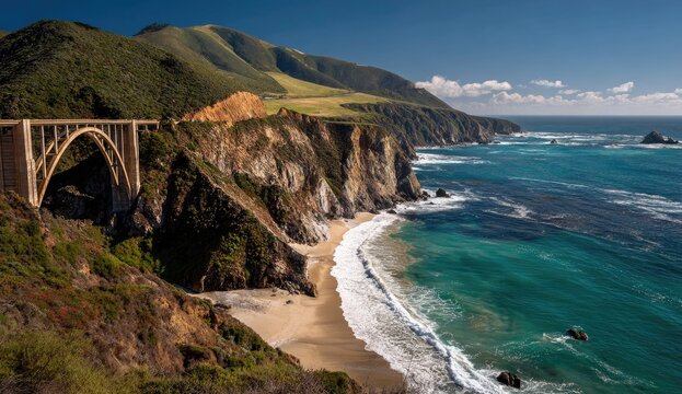 Scenic coastal vista.  Arc bridge over rugged coastline