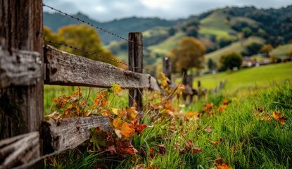 Rustic wooden fence, autumnal foliage, and rolling hills