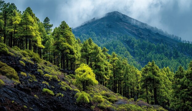 Lush pine forest slopes up a volcanic mountain under a cloudy sky