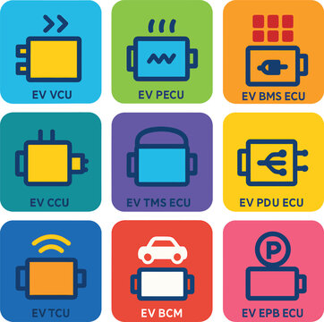 EV Electronic Control Units Colorful Vector Icon Set &ndash; EV ECUs