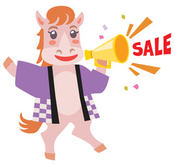 セールでメガホンを持つ午年のかわいい馬