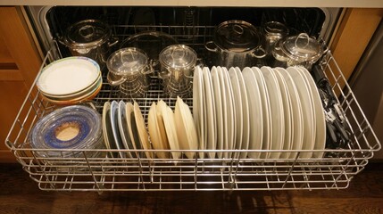 Neatly Organized Dishes and Cookware in a Modern Dishwasher Ready for Cleaning and Sanitation