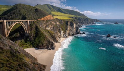 Coastal bridge over turquoise ocean, dramatic cliffs, and sandy beach