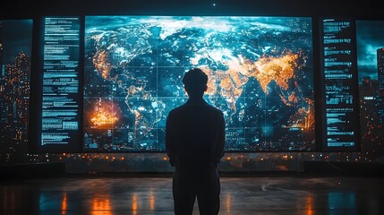 A lone figure stands in a dark room silhouetted against a massive panoramic display showing a glowing world map with complex data streams