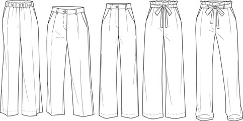 CAD drawing flat vector illustration of women’s wide-leg trousers set front view, technical fashion sketch apparel design template