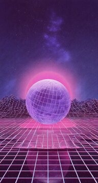 Retro-futuristic Earth graphic, glowing pink/purple