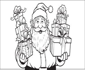 Santa Claus Holding Stacks of Christmas Presents, Festive Cartoon Illustration