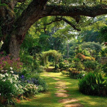 Lush garden path with colorful flowers and trees
