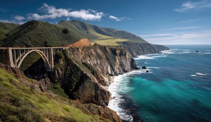 Coastal bridge, mountains, turquoise water, dramatic cliffs