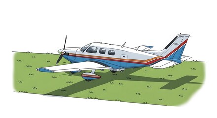 Small propeller plane on grassy field ready for takeoff or landing.