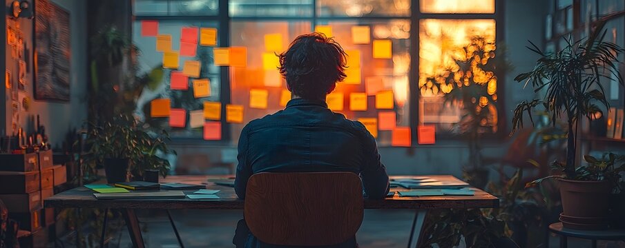 Creative individual contemplating ideas on sticky notes in a modern office workspace with sunset light