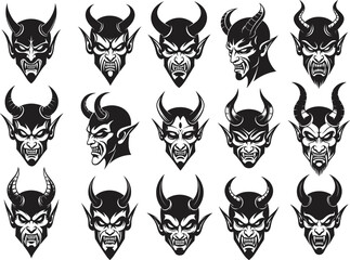 Demonic face vector set, horror mask illustration, devil head icon collection, black and white tattoo style, fantasy monster design, symmetrical artwork