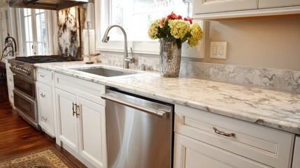 Fototapeta premium Elegant and Modern Kitchen Interior with Marble Countertop and Fresh Flower Arrangement in a Bright and Airy Space