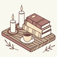 Cozy arrangement of books, candles, and coffee on a wooden tray