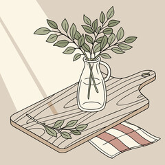 Aesthetic display of eucalyptus branches in a vase on a wooden board