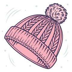 A pink knitted winter hat with a pompom and snow, perfect for winter season