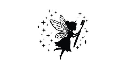 A whimsical tooth fairy illustration with sparkling stars and a toothbrush