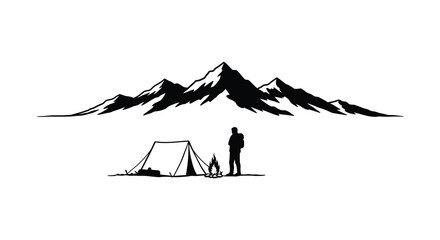 Silhouette of a camper gazing at majestic mountains and campfire glow © Nasima