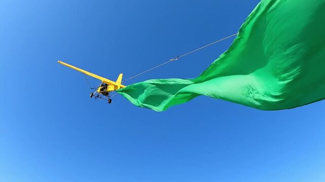 Stunt ultralight aircraft towing green screen cloth dramatically for ad templates
