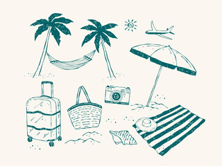 Set of vector illustrations hand drawn vacation and travel theme in textured doodle style. Holiday elements with palm trees, hammock, airplane, suitcase, bag, umbrella, beach mat and camera © Irina Khovanskaya