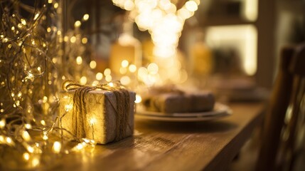 cheer. Festive holiday setup featuring sparkling lights and wrapped gifts on a wooden table, radiating warmth. public awareness campaigns.