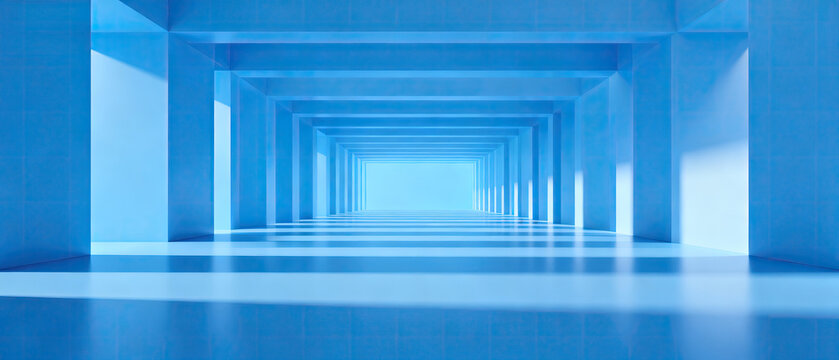 A blue abstract corridor with multiple pillars showing a sense of endless perspective and modern architectural design. - Powered by Adobe