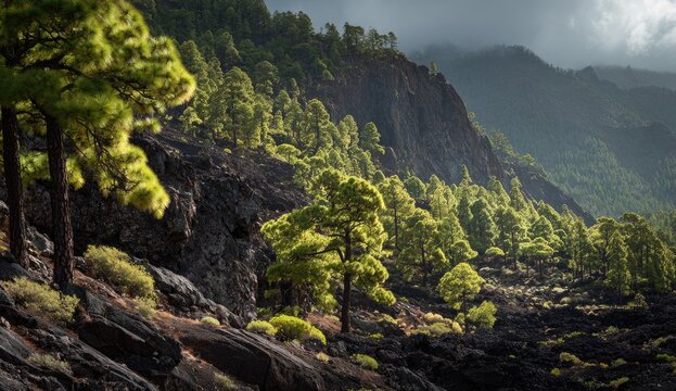 Lush pine forest clinging to volcanic slopes