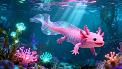 Smiling axolotl underwater, pink body, whimsical fantasy mood