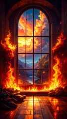 Fototapeta premium Fiery window overlooking a scenic landscape