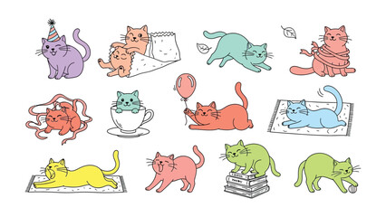 Playful Kittens' Adventures: A vibrant cartoon illustration showcasing a collection of adorable kittens engaged in various whimsical activities.