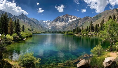 Mountain lake panorama, crystal clear water, lush vegetation