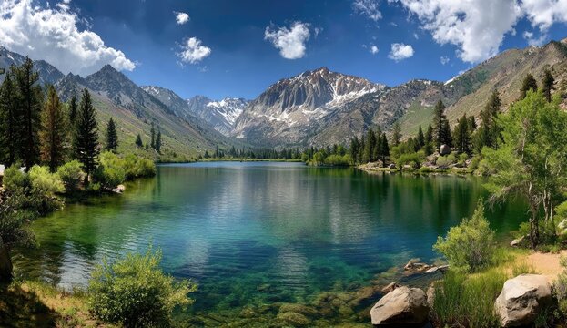 Mountain lake panorama, crystal clear water, lush vegetation