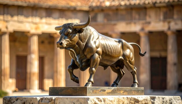 Bronze bull statue in ancient ruins - Powered by Adobe