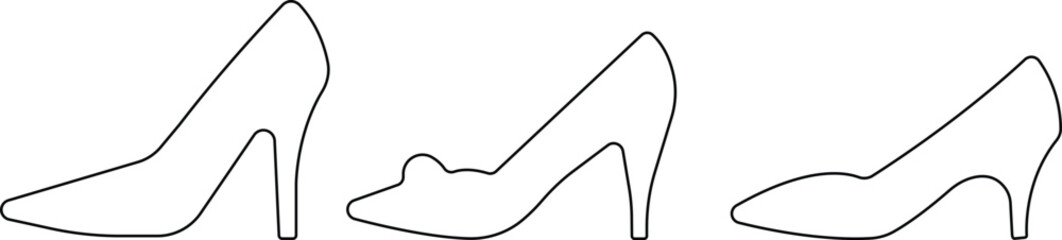 Art & IllustrationLadies shoes icon set.women's shoes footwear and elegant style and design trends.wedge heels sketch icon line art vector illustration..leather shoes heel icon black and white icon se