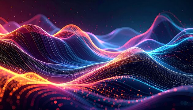 Abstract digital landscape of glowing lines and particles