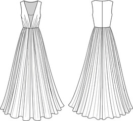 Cad drawing flat vector illustration of sleeveless pleated maxi dress with deep V-neck front, flared hem, technical fashion sketch