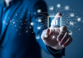 Businessman touching a glowing ai icon on a digital interface with a network of icons connecting to it