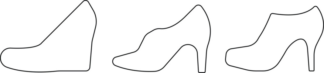 Art & IllustrationLadies shoes icon set.women's shoes footwear and elegant style and design trends.wedge heels sketch icon line art vector illustration..leather shoes heel icon black and white icon se