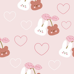 bear and rabbit heads  with pink white polka dot bows seamless pattern , vector , illustration
