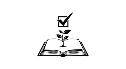 Open book with plant growing from it and a checkmark symbol