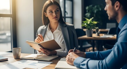 Professional businesswoman taking notes during meeting with male colleague in modern office, thoughtful female manager listening carefully and holding notebook, teamwork and collaboration concept