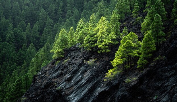 Lush green trees clinging to a dark volcanic rock face