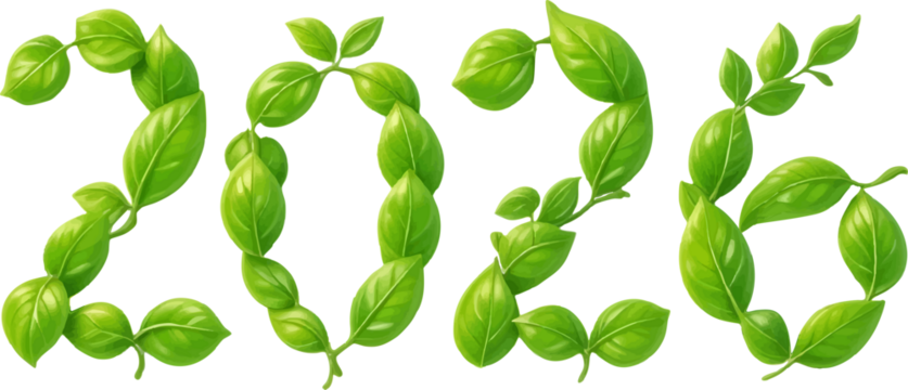2026 green leaves number on isolated transparent background. PNG element for design - Powered by Adobe